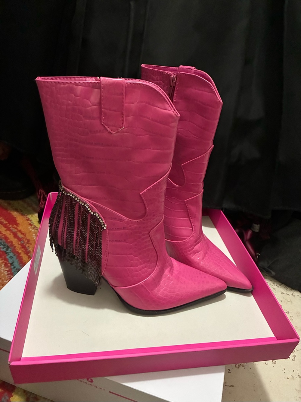 Nasty Gal Hot Pink Faux-Croc Western Ankle Boots - Picture 2 of 5